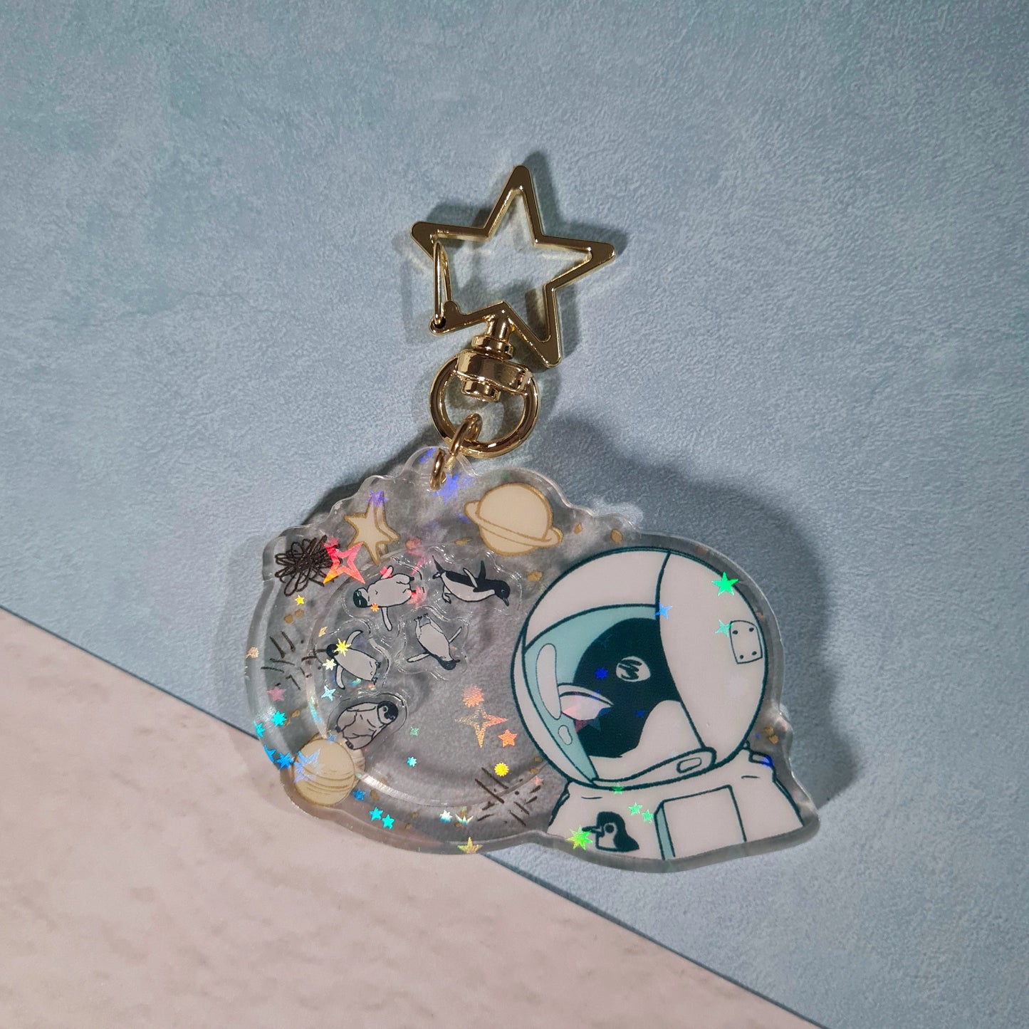 Penguins in the Space Acrylic Shaker Keychain