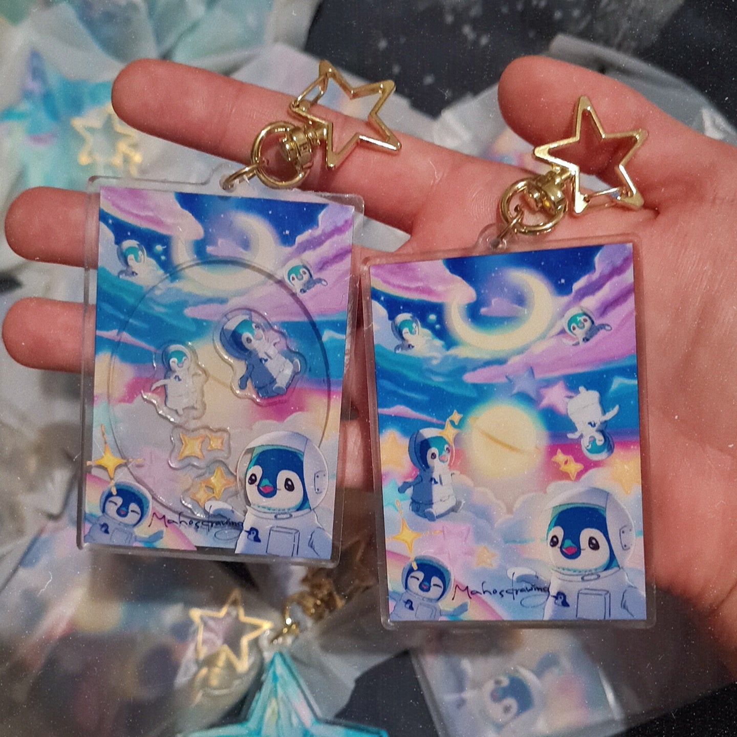 Front and Backside of Penguins in the Space Rectangular Acrylic Shaker Keychain