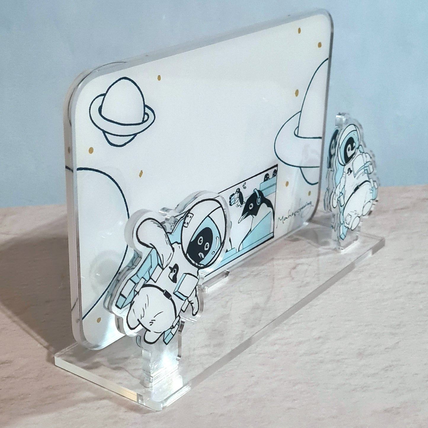 Astronaut Penguins Acrylic Memo Standee from an angle