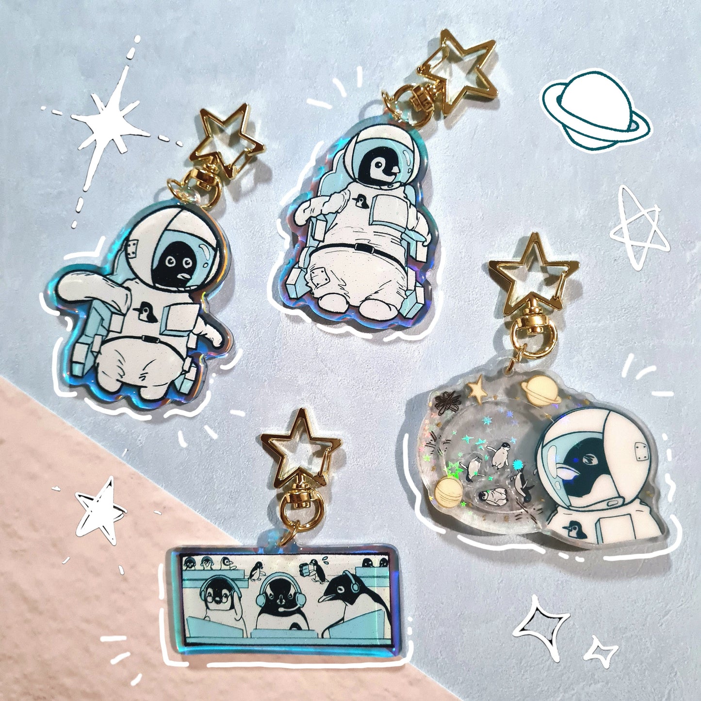 Astronaut Penguin Acrylic Rainbow Keychain