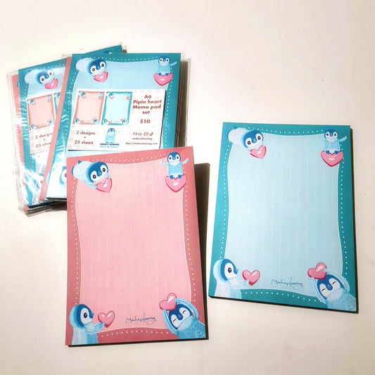 Cute Heart Pipin the Penguin Memo Pad A6(2 designs × 25 sheets each)