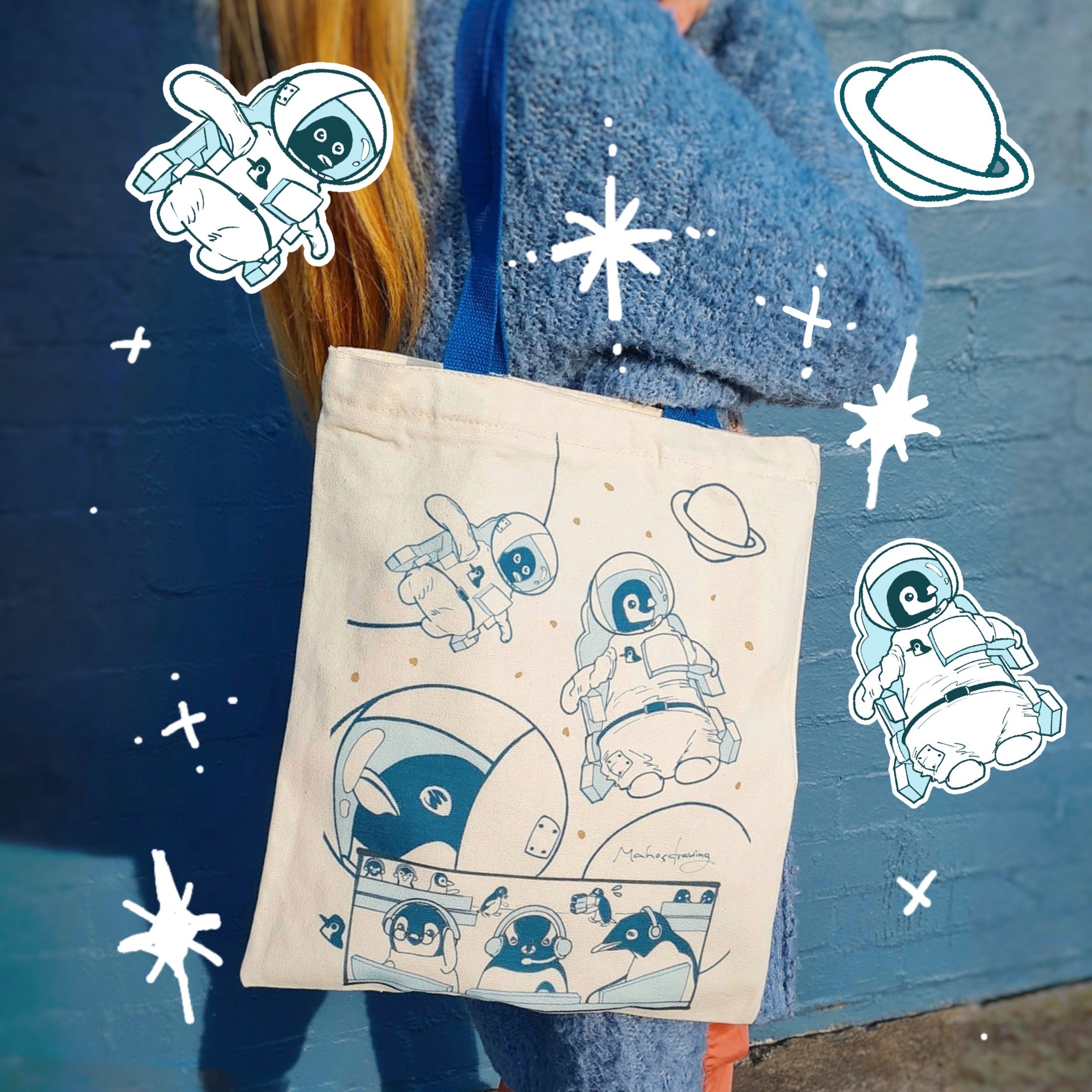 wearing Astronaut Penguins Tote Bag with double sided print