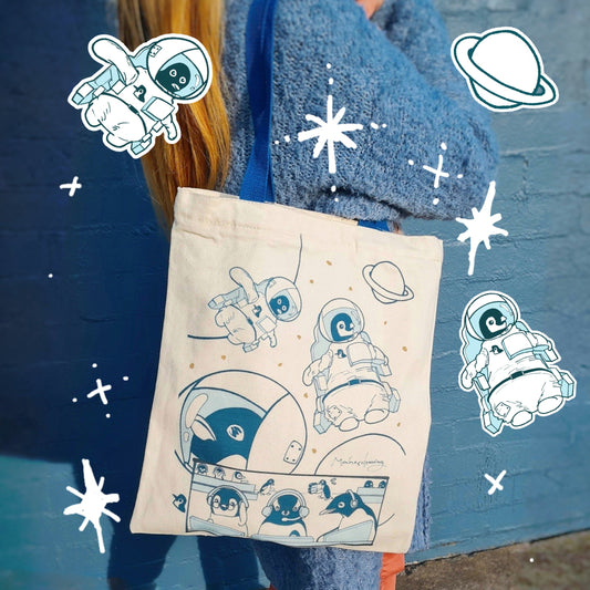 wearing Astronaut Penguins Tote Bag with double sided print