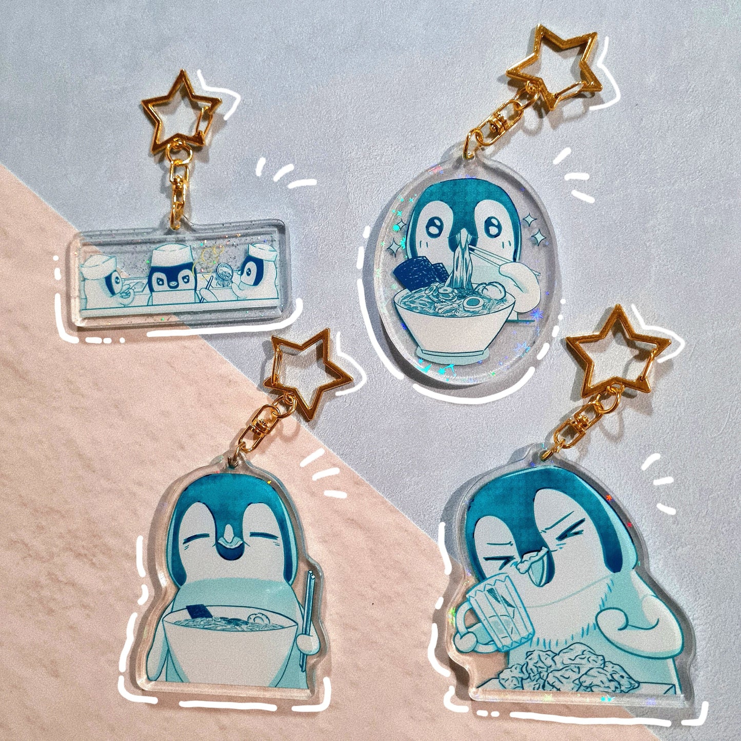 Eating Ramen & Drinking & Chef Penguin Acrylic Keychain