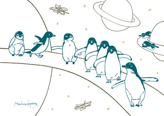 Penguins Walking in the Space Landscape